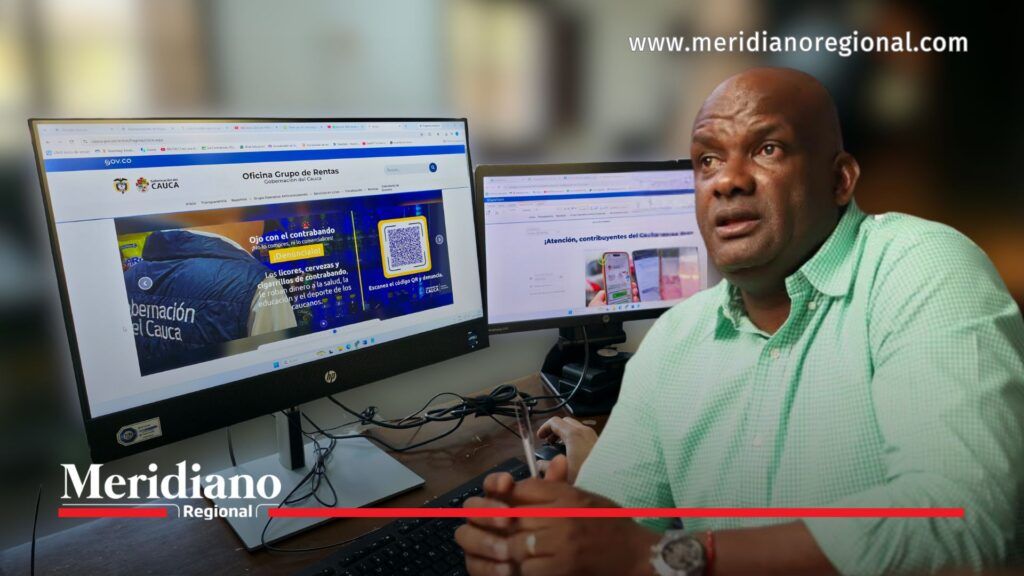 Montaje editorial con el secretario de Hacienda del Cauca, Oliver Carabalí, y una captura del portal web de la Oficina de Impuestos y Rentas de la Gobernación del Cauca.