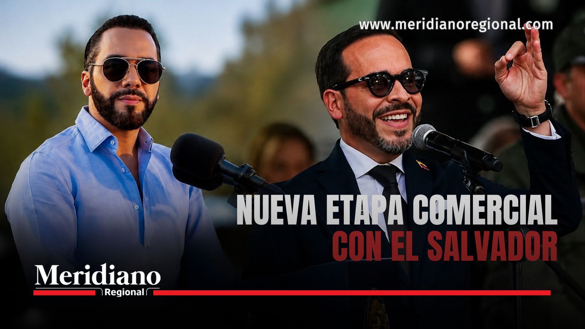 Abelardo De La Espriella durante una intervención pública, en una composición gráfica sobre la nueva agenda comercial entre Colombia y El Salvador.