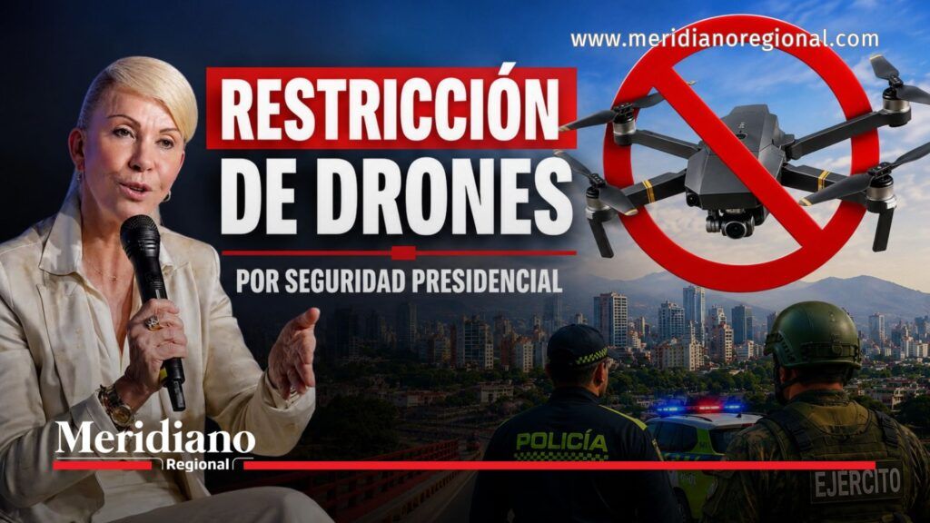 Gráfico informativo sobre la restricción de drones en Cali durante la posesión presidencial, medida adoptada como parte del operativo de seguridad del 7 de agosto.