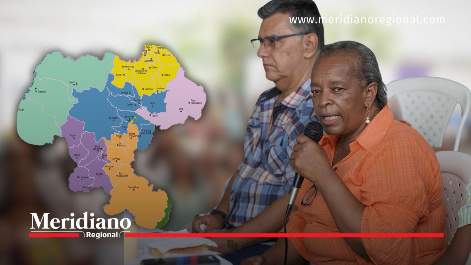 La secretaria de Educación y Cultura del Cauca, Sor Inés Larrahondo Carabalí, habla durante un encuentro con autoridades educativas. A la izquierda se muestra un mapa del departamento del Cauca dividido por subregiones.