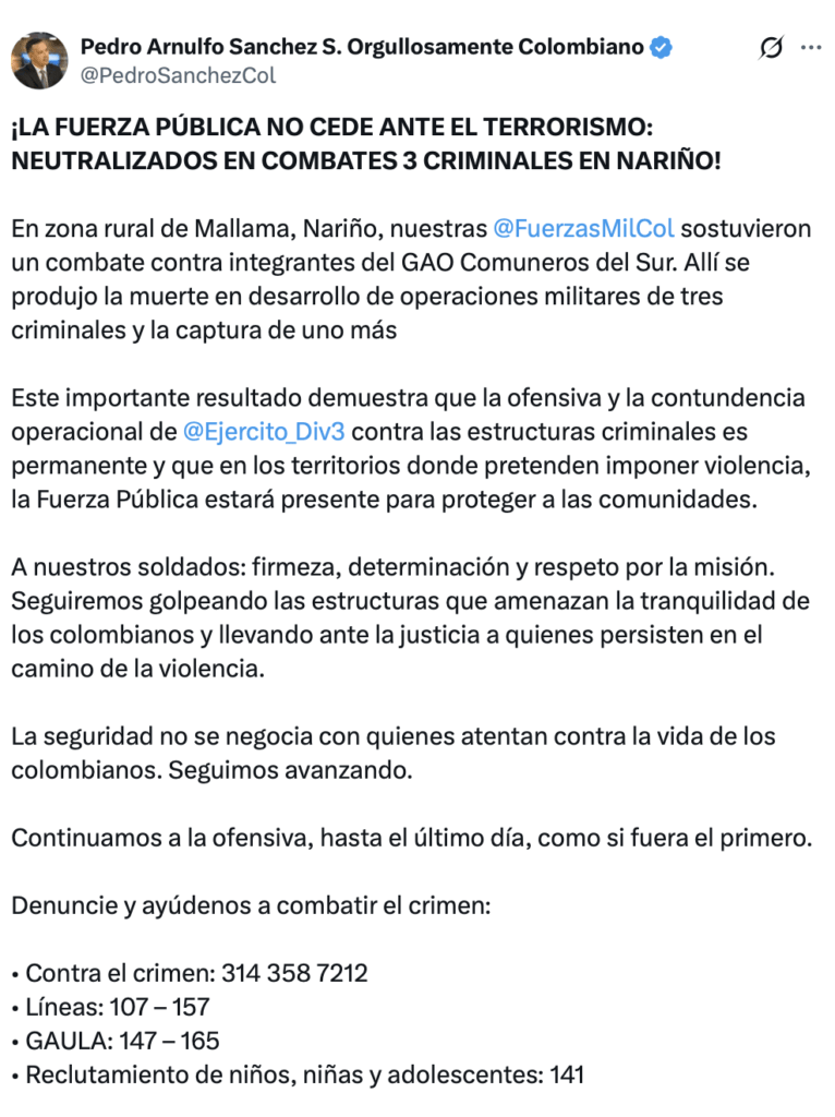 Pronunciamiento del ministro de Defensa sobre la operación militar en Nariño. - Meridiano Regional Publicación del ministro de Defensa, Pedro Arnulfo Sánchez, sobre la operación militar en Nariño que dejó tres presuntos integrantes de Comuneros del Sur muertos y una persona capturada.