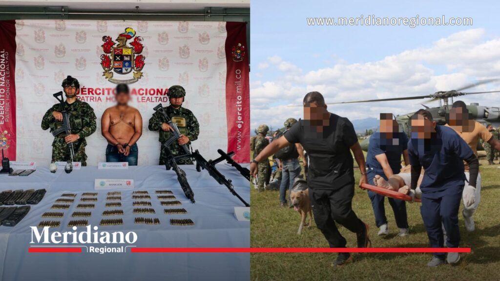 Capturados y material incautado tras operación militar en Mercaderes - Meridiano Regional Composición con fotografías de los presuntos integrantes del ELN capturados durante una operación militar en Mercaderes, Cauca, incluyendo la presentación oficial y el traslado de uno de los heridos.