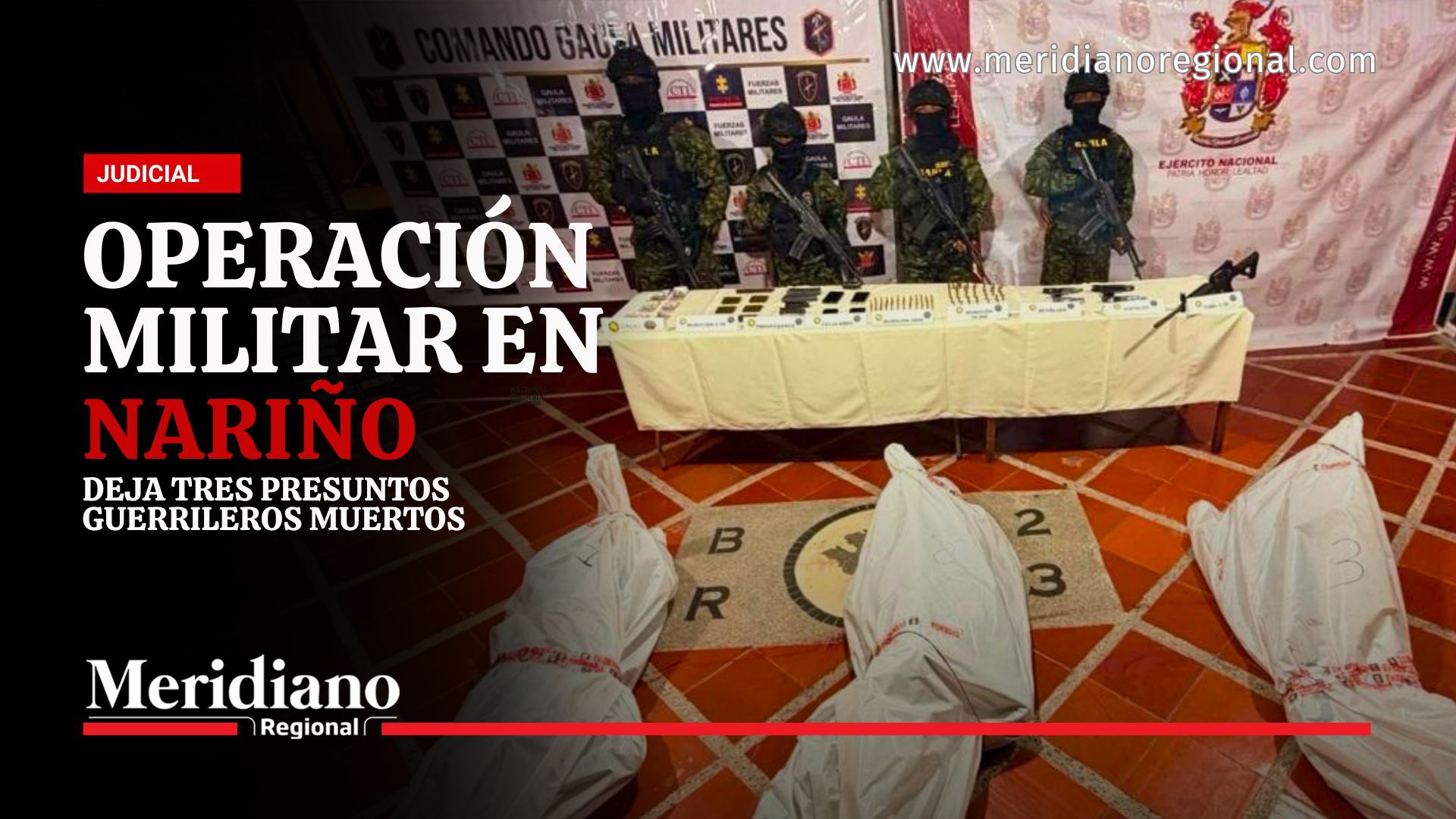 Nariño: Militares presentan el material incautado tras la operación militar en Nariño que dejó tres presuntos integrantes de Comuneros del Sur muertos y una mujer capturada.