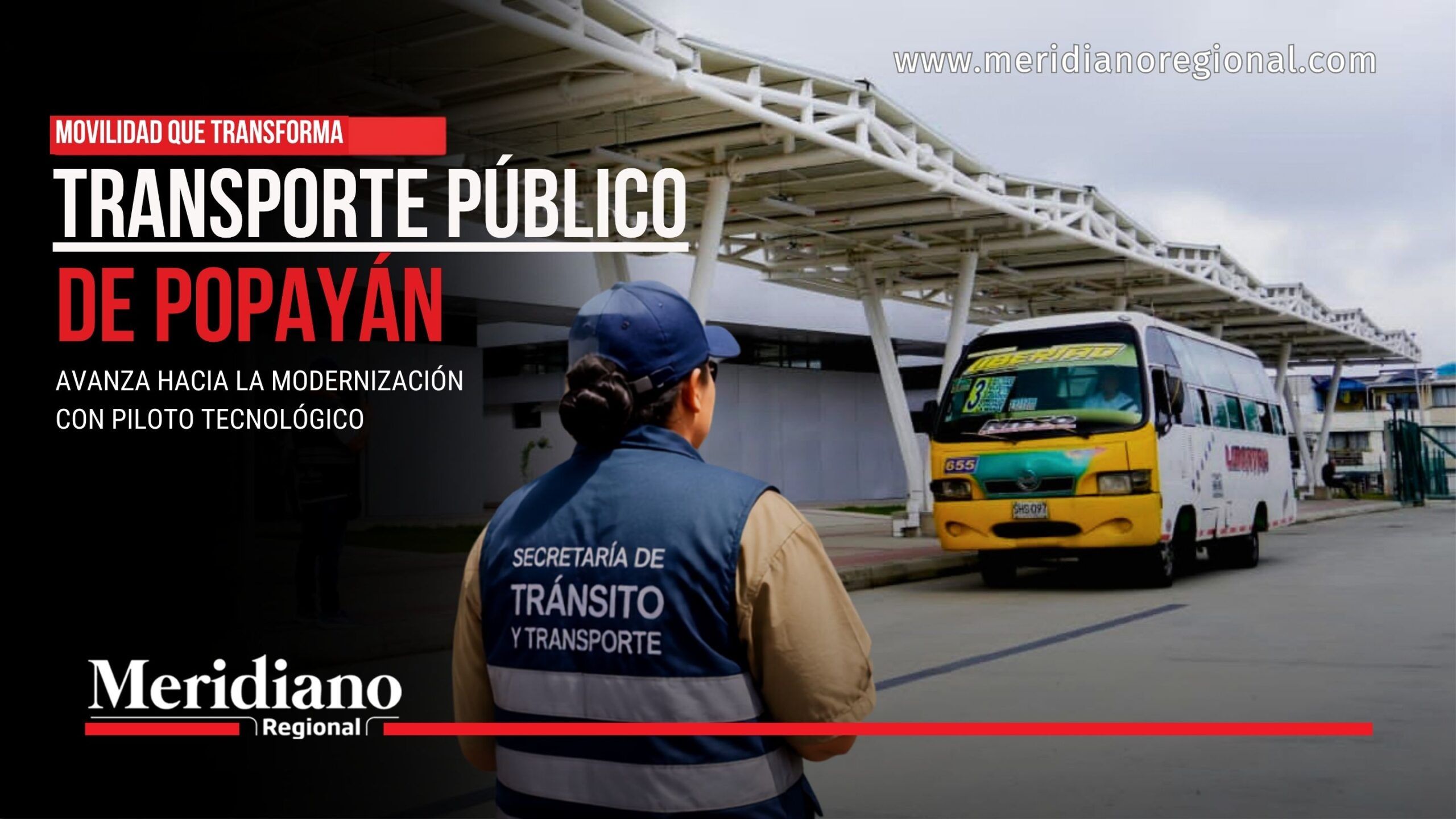 Bus del Sistema Estratégico de Transporte Público (SETP) en una estación de Popayán durante el anuncio del piloto tecnológico para modernizar el Transporte Público de Popayán.
