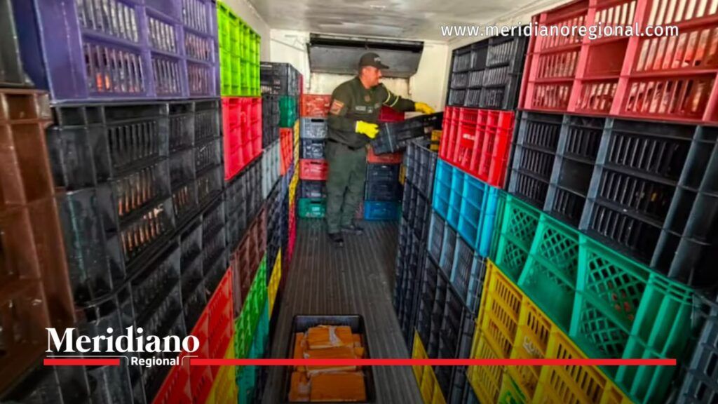 Policía inspecciona camión donde hallaron cocaína escondida entre canastillas con pescado.