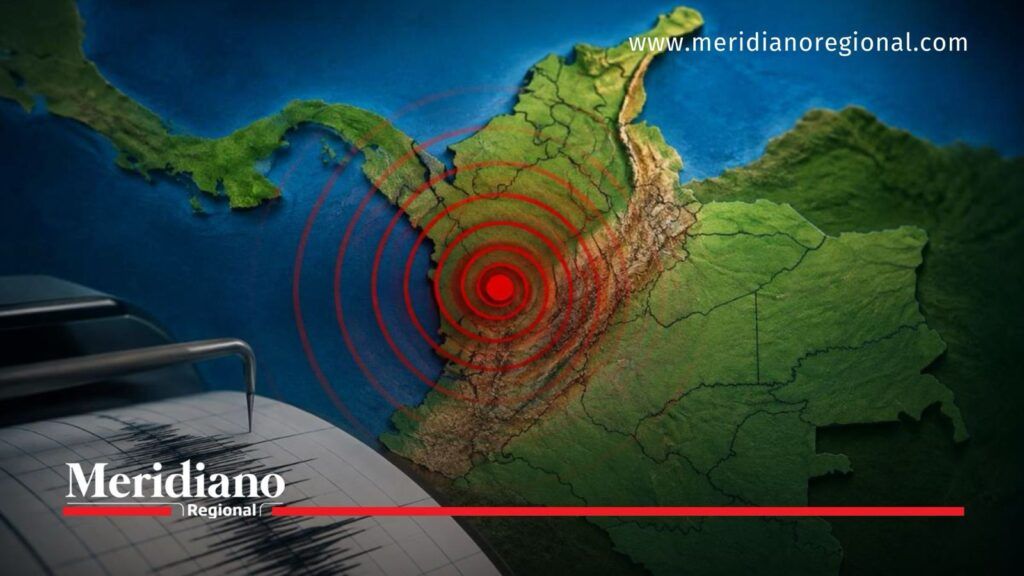 Sismos en Chocó representados en mapa de Colombia con ondas sísmicas y registro de sismógrafo.