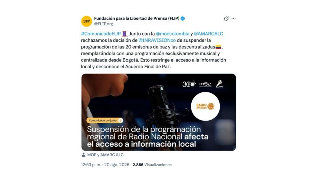 FLIP rechaza suspensión de programación de Emisoras de Paz - Meridiano Regional Emisoras de Paz: comunicado de la FLIP sobre la suspensión de la programación de las 20 estaciones.