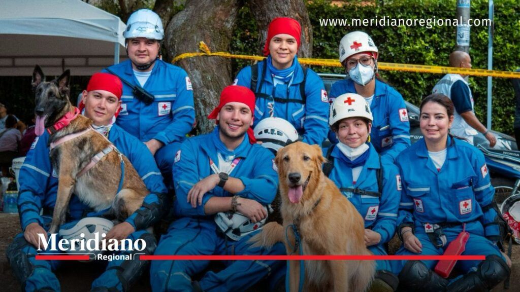 Integrantes de la Cruz Roja Colombiana con equipos caninos tras el terremoto.