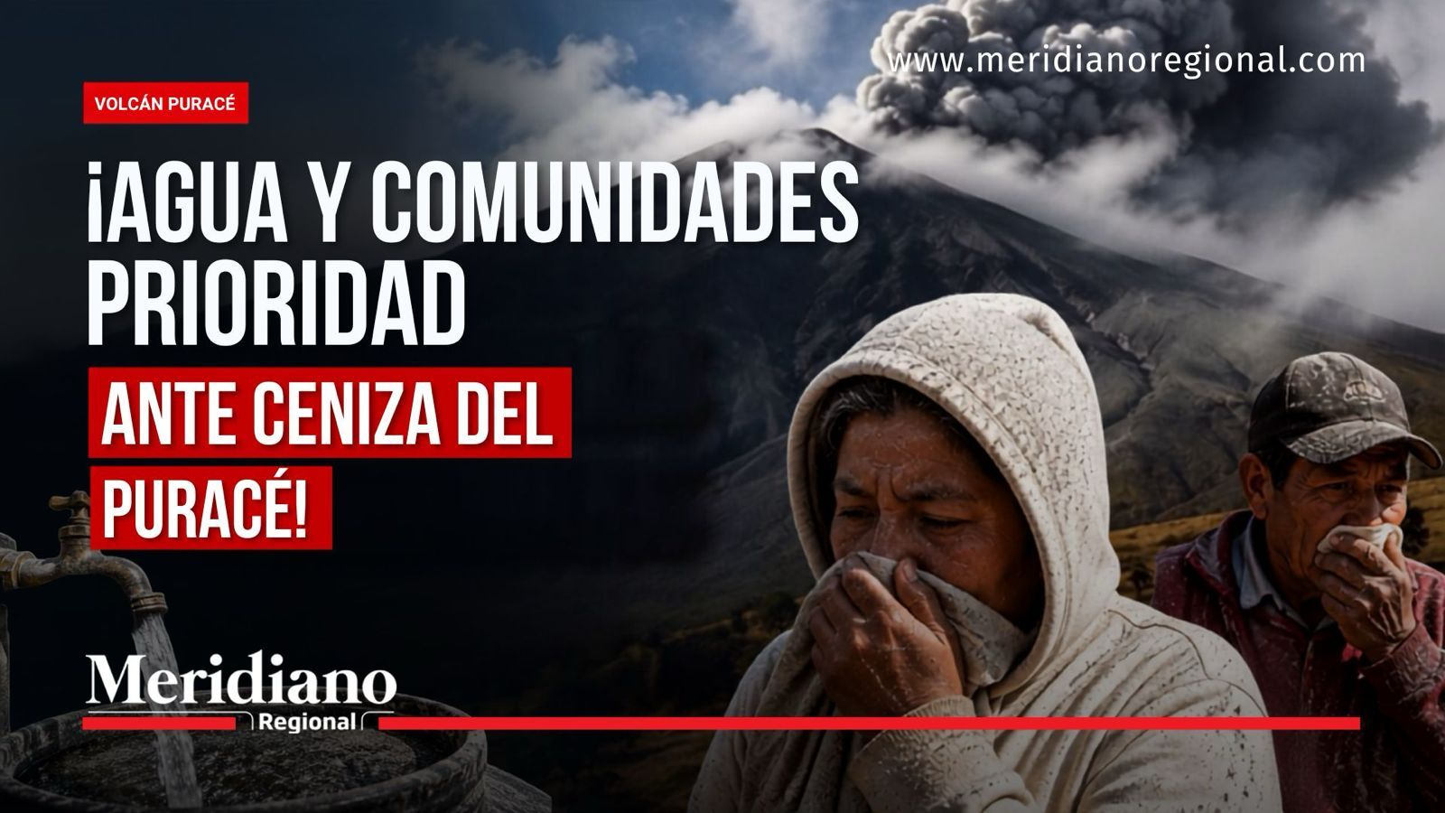 Volcán Puracé con emisión de ceniza y comunidades afectadas, junto a referencia visual a fuentes de agua.
