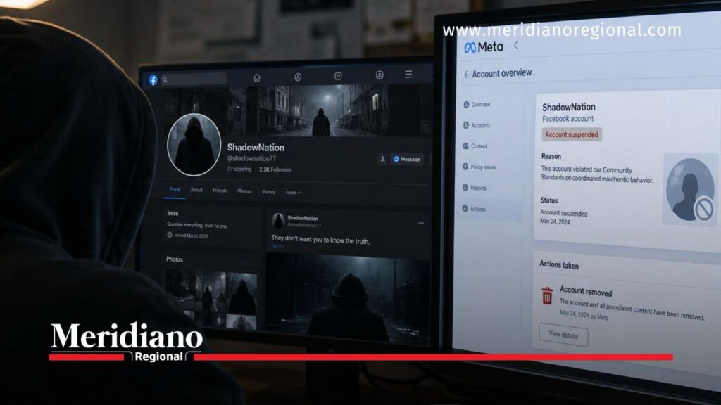 Meta elimina perfiles vinculados a grupos armados - Meridiano Regional Perfil de Facebook suspendido por Meta durante cobertura sobre reclutamiento de menores en redes sociales.