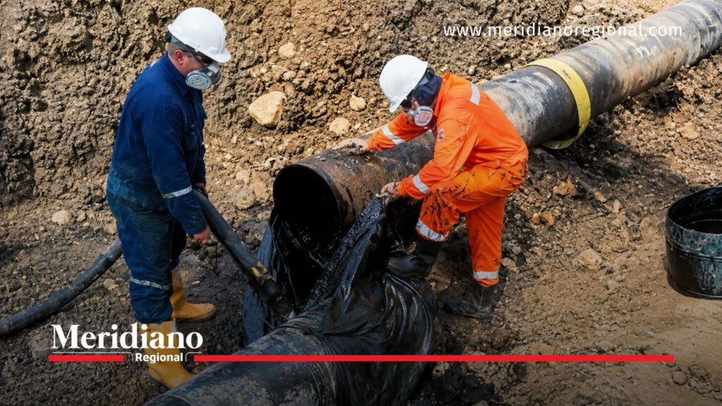 Trabajadores intervienen tubería en noticia sobre hurto de combustible.