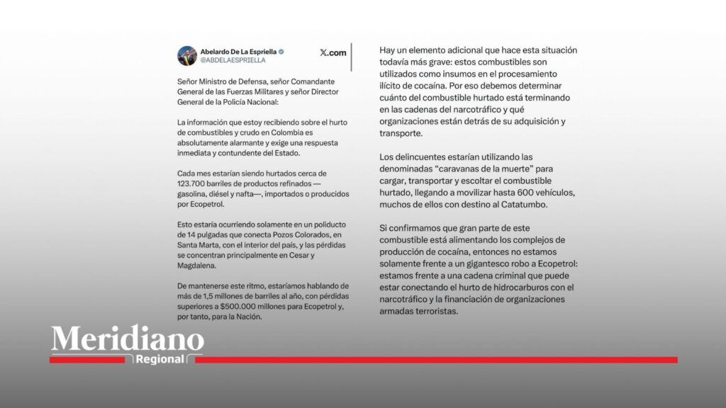 Publicación de Abelardo De La Espriella sobre hurto de combustible en Colombia.