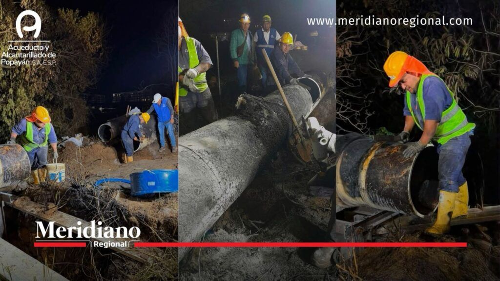 Operarios reparan tubería de 24 pulgadas del Acueducto de Popayán dañada por un incendio.
