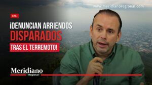News thumbnail: man speaking into a microphone with a cityscape backdrop; bold Spanish headline denounces rent hikes after the earthquake (Meridiano Regional).