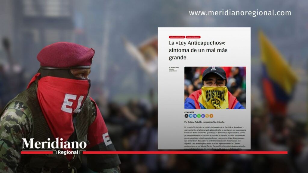 Publicación sobre Ley Anticapuchos junto a persona con distintivos del ELN.
