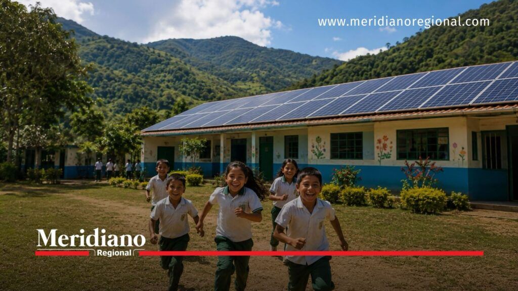 Proyectos solares en zonas rurales de Cauca - Meridiano Regional Institución educativa rural con paneles solares y estudiantes en Cauca.