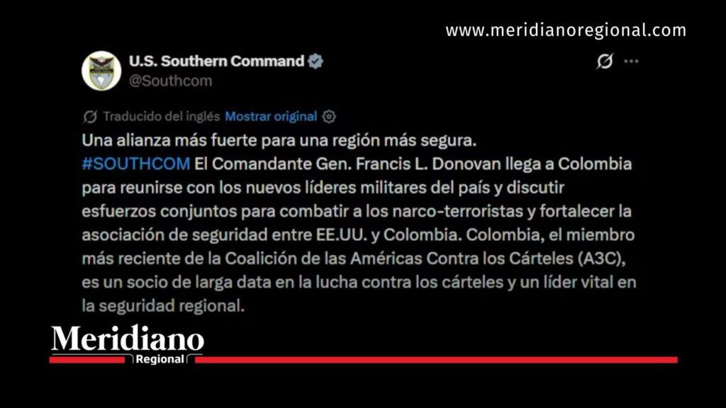 Publicación del Comando Sur sobre la llegada de Francis Donovan a Colombia y su reunión con la nueva cúpula militar.
