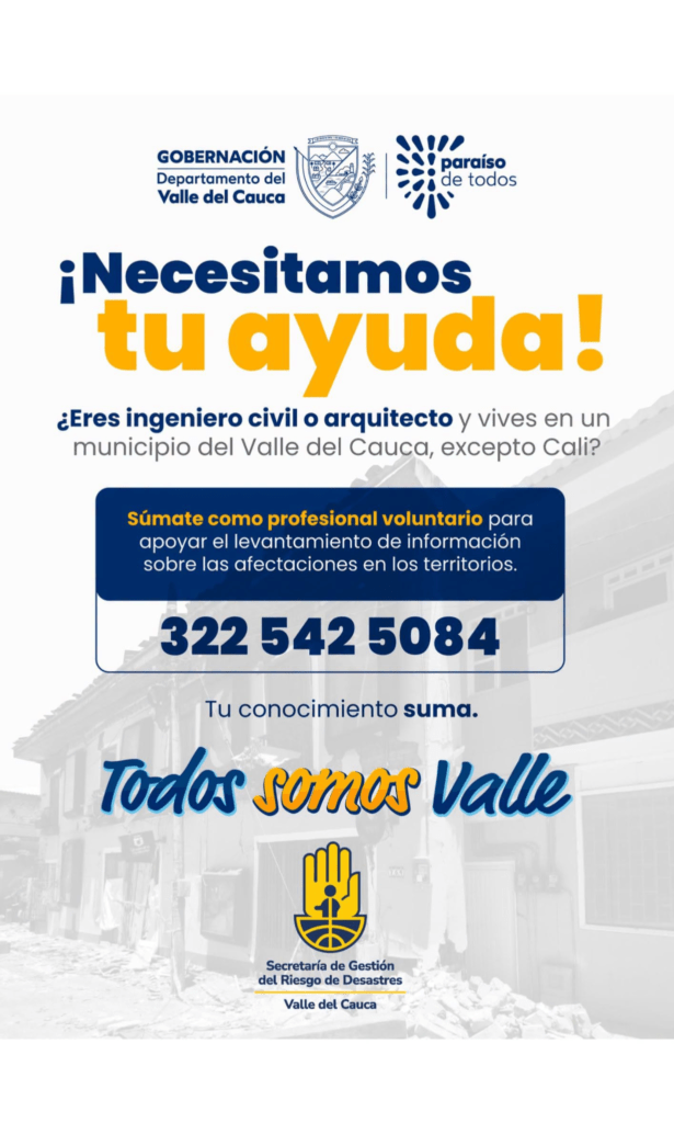 Convocatoria de la Gobernación del Valle del Cauca para ingenieros civiles y arquitectos voluntarios que apoyen el levantamiento de información sobre afectaciones en los municipios.