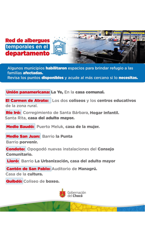 Red de albergues temporales habilitados en nueve municipios de Chocó para brindar refugio a las familias afectadas por la emergencia.