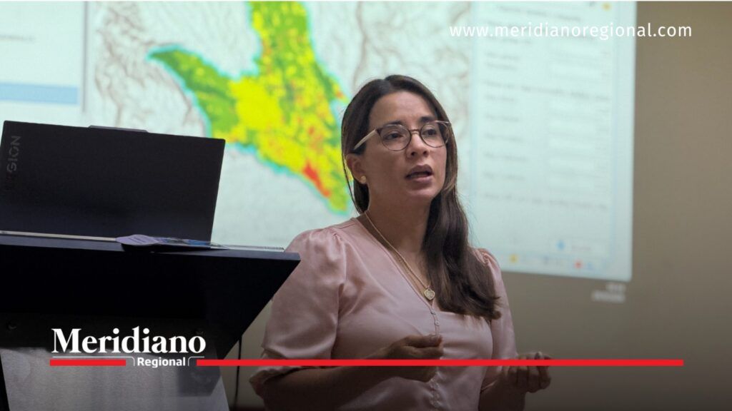 Integrante de la Secretaría de Planeación presenta avances de IDE Cauca - Meridiano Regional Integrante de la Secretaría de Planeación presenta información de IDE Cauca frente a un mapa territorial proyectado.