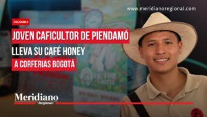 Víctor Alfonso Sarria joven caficultor de Piendamó con su café honey en Corferias Bogotá