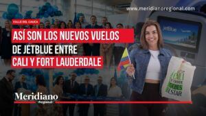 Nuevos vuelos de JetBlue entre Cali y Fort Lauderdale. - Meridiano Regional Collage sobre los nuevos vuelos de JetBlue entre Cali y Fort Lauderdale, con representantes de la aerolínea, pasajeros y entretenimiento a bordo.