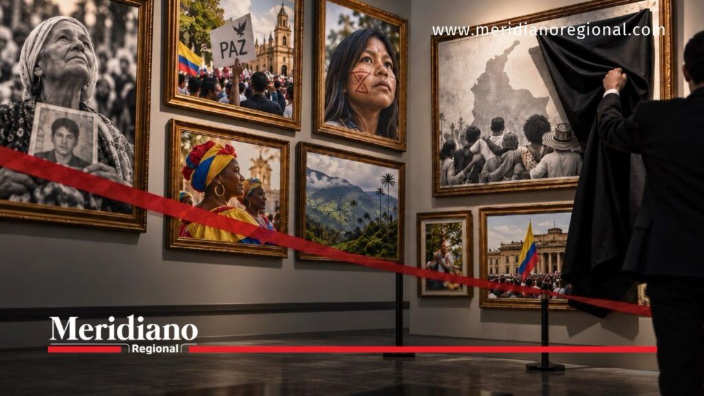 Memoria histórica y patrimonio en Colombia - Meridiano Regional Exposición sobre memoria histórica Colombia con imágenes de víctimas, diversidad cultural, paz y patrimonio nacional.