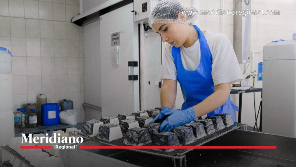 Trabajadora con delantal azul, guantes y gorro sanitario manipula productos en moldes dentro de una instalación de producción de alimentos.