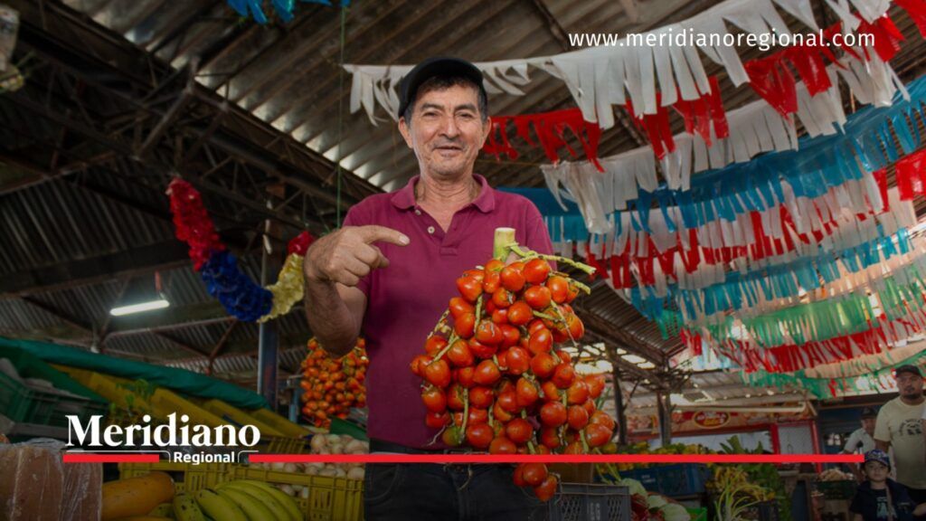 Comerciante sostiene un racimo de tomates en un puesto de frutas y verduras de la Plaza Las Palmas, en Popayán.