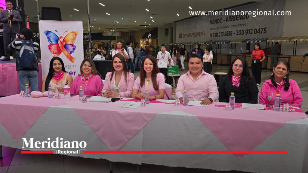 Mesa de representantes institucionales vestidos de rosa durante el lanzamiento de la campaña de prevención del cáncer en Popayán.