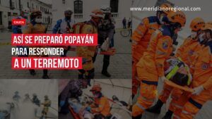 Portada del Simulacro Nacional en Popayán con imágenes de socorristas trasladando pacientes, atendiendo heridos simulados y realizando ejercicios de control de incendios.