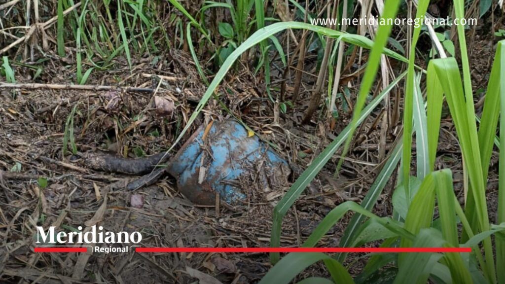 Cilindro hallado en el sector de Albania, Caloto. - Meridiano Regional Cilindro azul parcialmente cubierto de tierra y vegetación, relacionado con el hallazgo reportado en Albania, Caloto, Cauca.