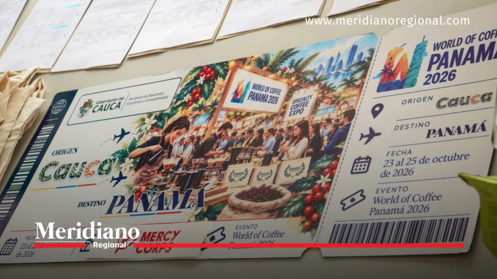 Tiquete simbólico de la misión comercial del café del Cauca a World of Coffee Panamá 2026, con fecha del 23 al 25 de octubre y logotipos institucionales.