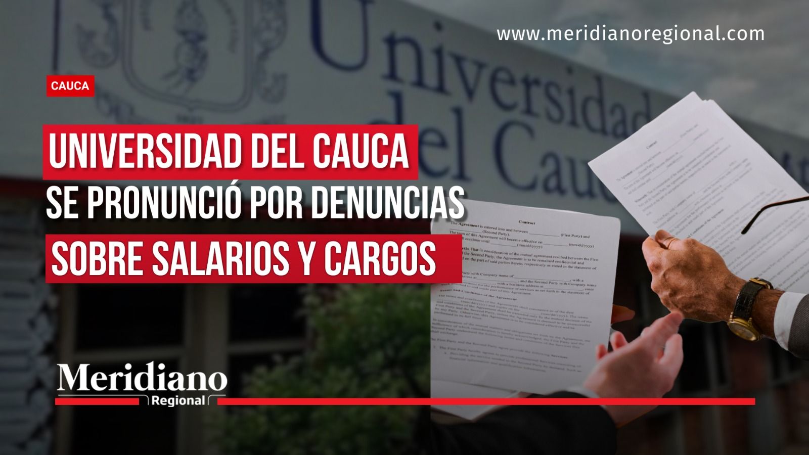 Imagen informativa sobre el pronunciamiento de la Universidad del Cauca ante denuncias relacionadas con salarios y cargos administrativos.