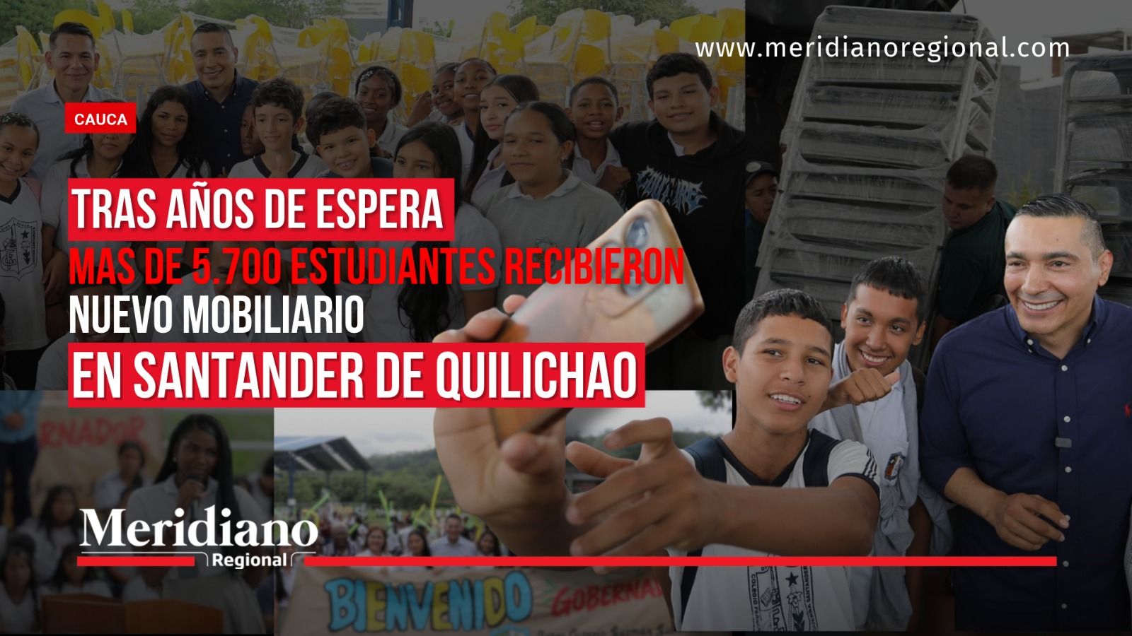 Portada de Meridiano Regional sobre la entrega de mobiliario escolar a más de 5.700 estudiantes en Santander de Quilichao, Cauca.