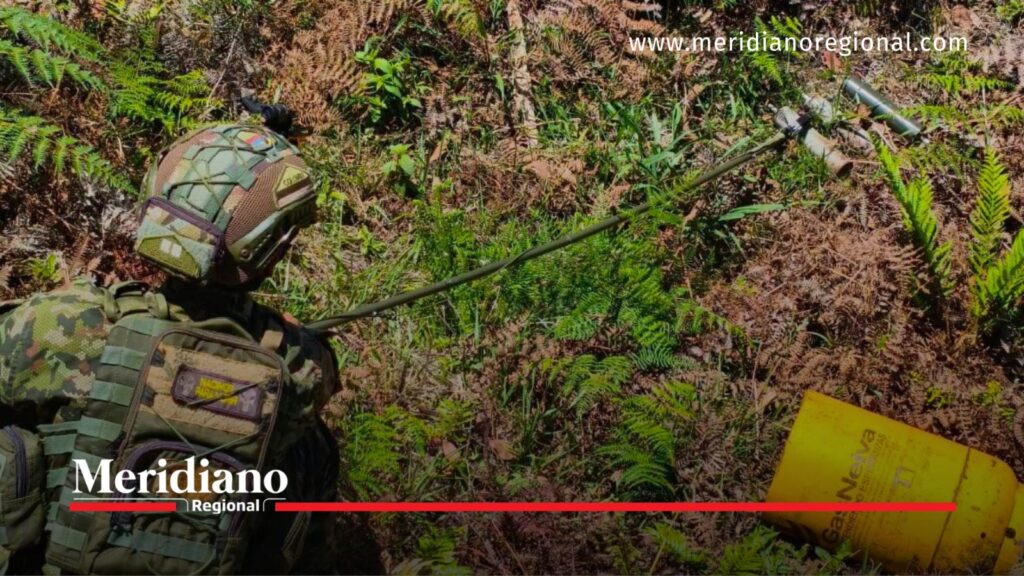Militar con uniforme camuflado y casco observa un objeto situado entre la vegetación de una ladera, junto a un recipiente amarillo.
