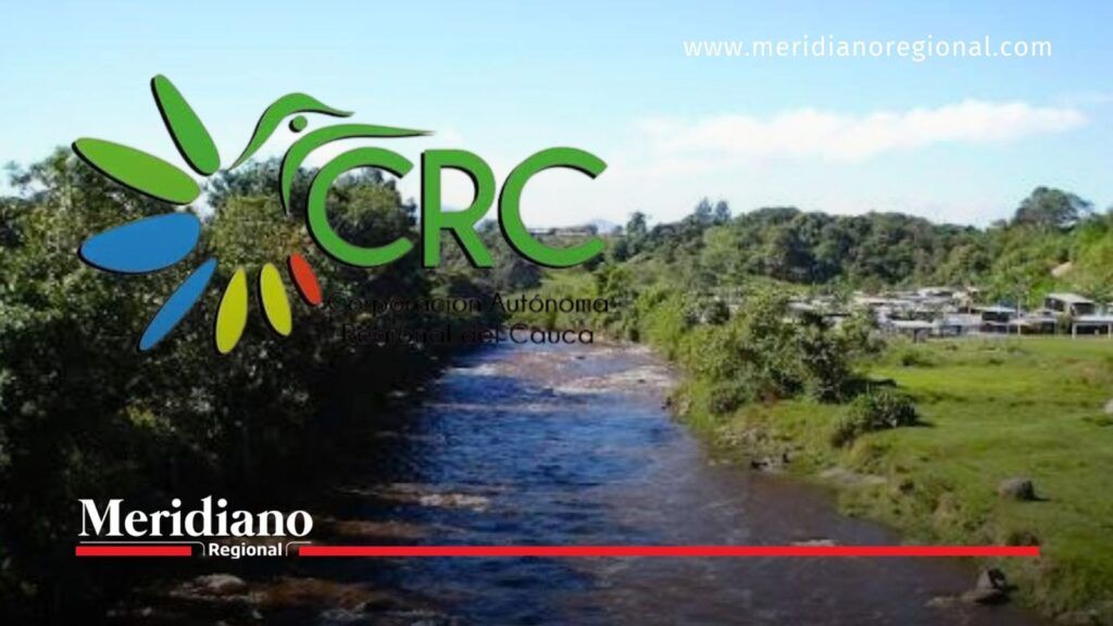 Logotipo de la Corporación Autónoma Regional del Cauca (CRC) sobre un paisaje de río y vegetación, en referencia a la revisión ambiental del POT de Popayán
