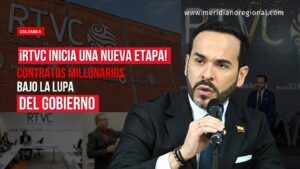 Montaje fotográfico de Abelardo De La Espriella con el logotipo y edificio de RTVC, acompañado del titular sobre la nueva etapa de los medios públicos y la revisión de contratos millonarios.