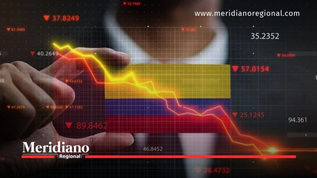 Gráficas económicas descendentes sobre la bandera de Colombia que ilustran la situación fiscal del país.